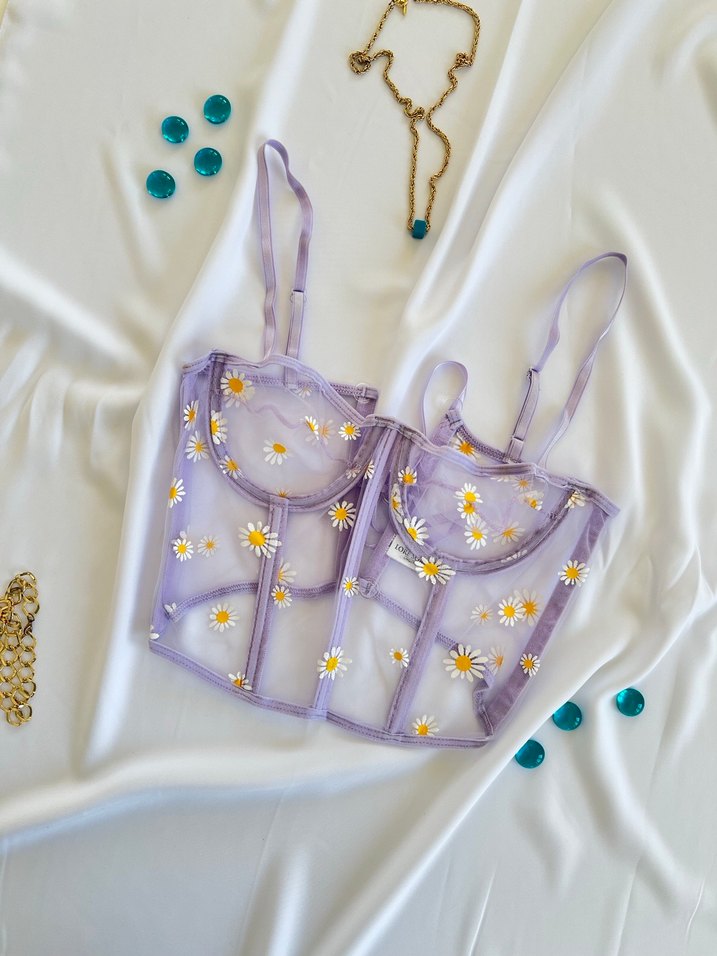 Mor Nakışlı Dantel Bohem Mini Büstiyer - Görsel 5