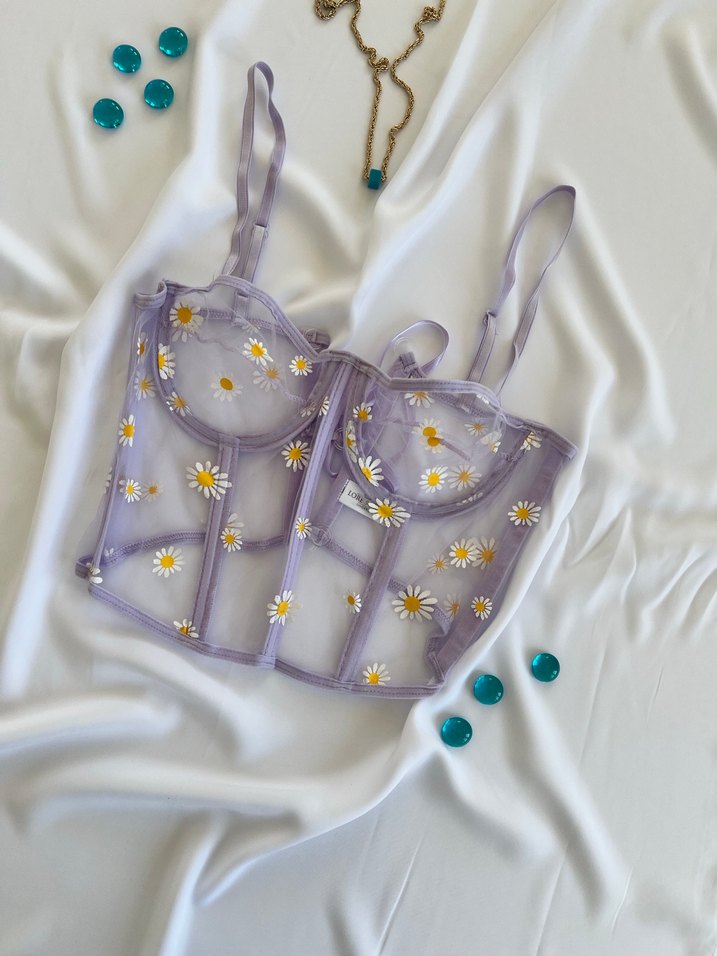 Mor Nakışlı Dantel Bohem Mini Büstiyer - Görsel 2