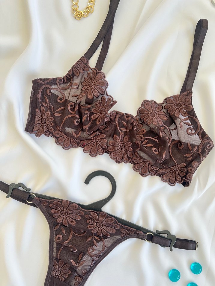 Kahverengi İşlemeli Mini Bohem Sütyen Takımı - Görsel 3