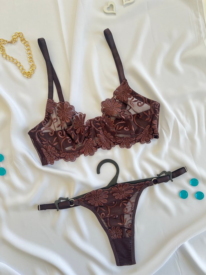 Kahverengi İşlemeli Mini Bohem Sütyen Takımı - Görsel 2