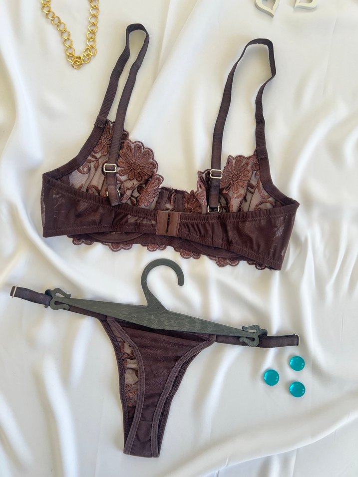 Kahverengi İşlemeli Mini Bohem Sütyen Takımı - Görsel 4