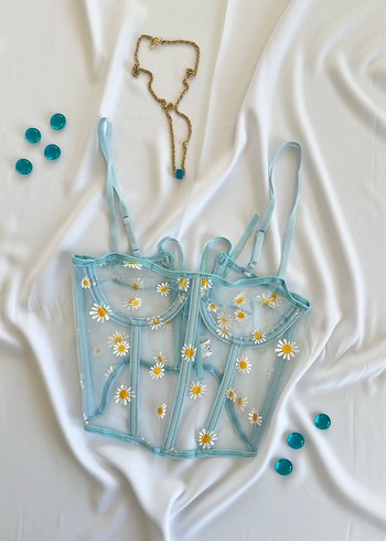 Nakışlı Turkuaz Mini Dantel Büstiyer - Görsel 2