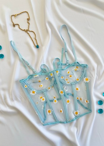 Nakışlı Turkuaz Mini Dantel Büstiyer - Görsel 3