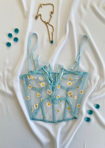 Nakışlı Turkuaz Mini Dantel Büstiyer - Görsel 4