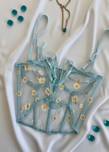 Nakışlı Turkuaz Mini Dantel Büstiyer - Görsel 5