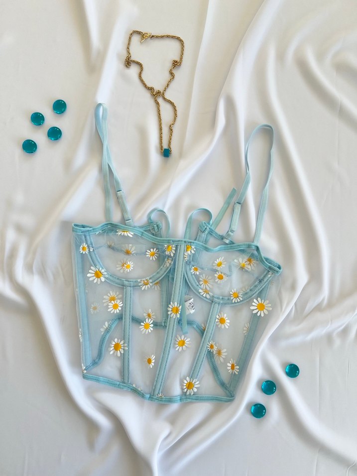Nakışlı Turkuaz Mini Dantel Büstiyer - Görsel 2
