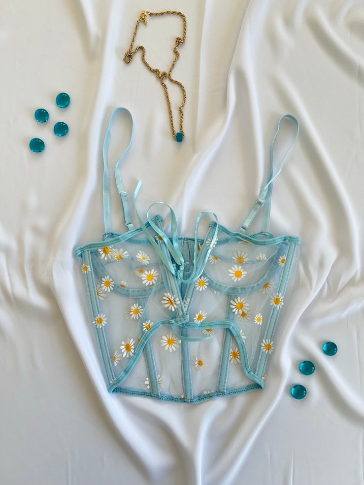 Nakışlı Turkuaz Mini Dantel Büstiyer - Görsel 4