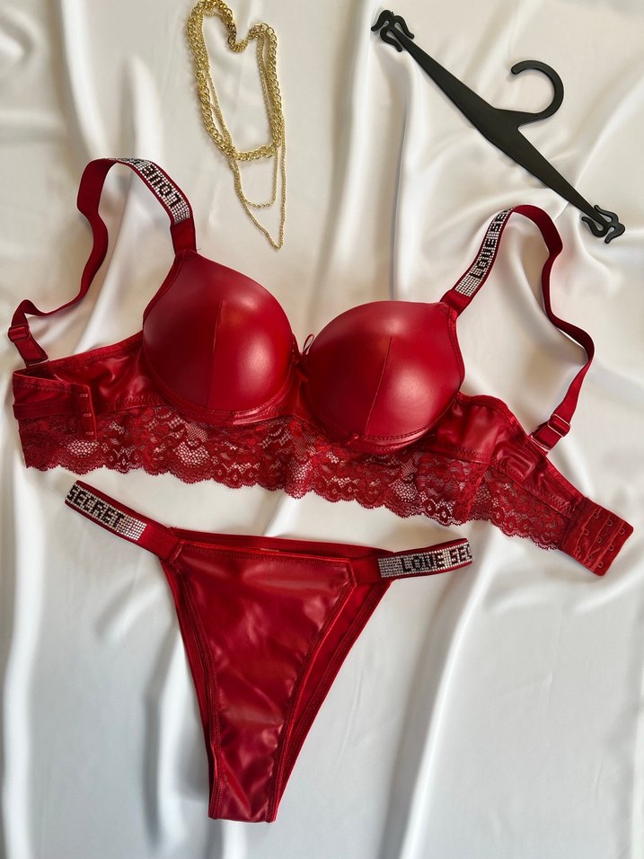 Deri Kırmızı Mini Sütyen Takımı - Görsel 3