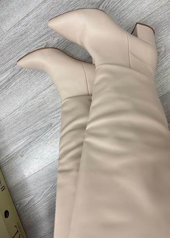 Bej Deri Kadın Dizüstü çizme  Topuklu - Görsel 4