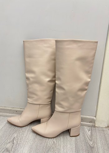 Bej Deri Kadın Dizüstü çizme  Topuklu - Görsel 2