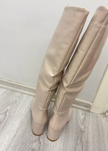 Bej Deri Kadın Dizüstü çizme  Topuklu - Görsel 5