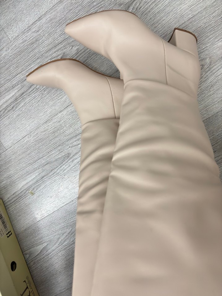 Bej Deri Kadın Dizüstü çizme  Topuklu - Görsel 4