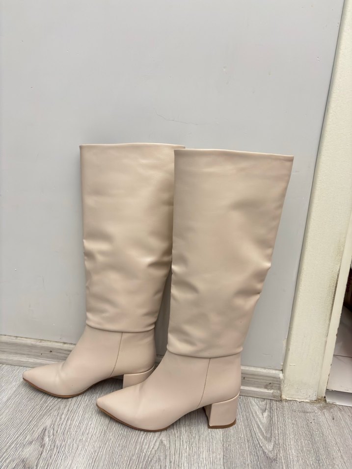 Bej Deri Kadın Dizüstü çizme  Topuklu - Görsel 3