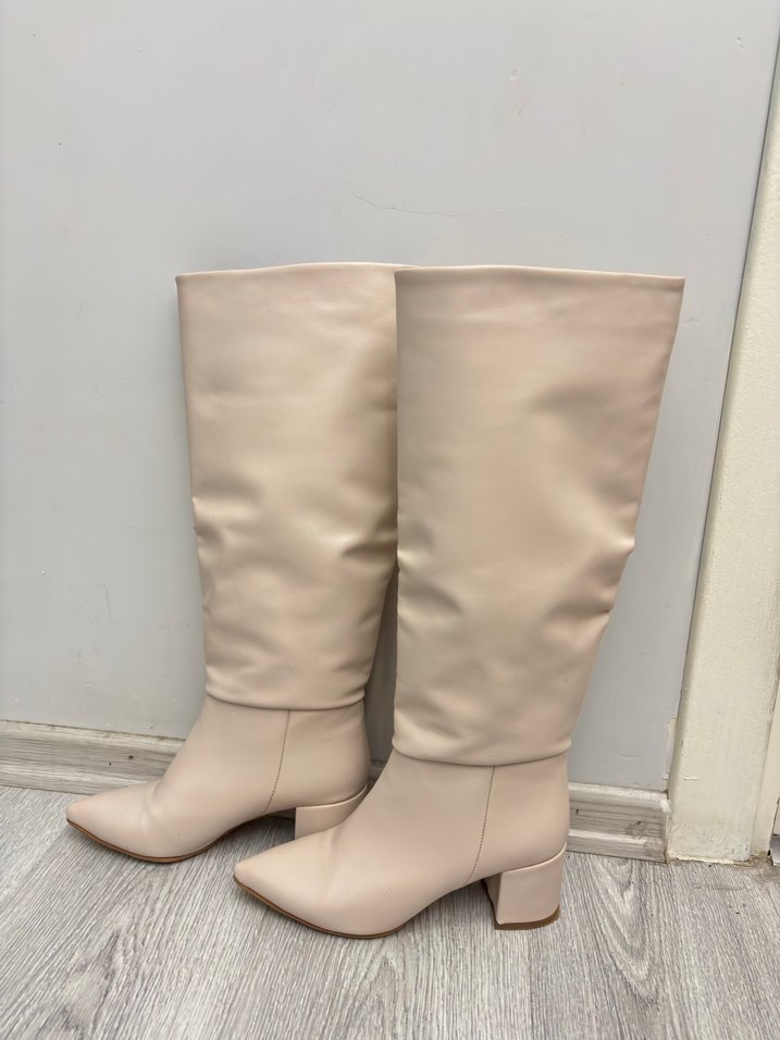 Bej Deri Kadın Dizüstü çizme  Topuklu - Görsel 2