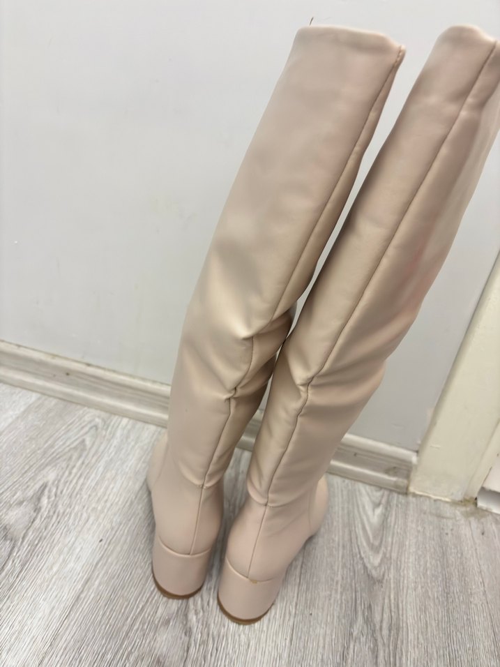 Bej Deri Kadın Dizüstü çizme  Topuklu - Görsel 5