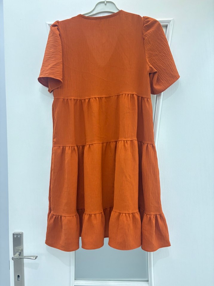 Kiremit Geniş Kesim V Yaka Mini Dokuma Elbise - Görsel 2