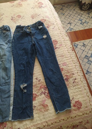 12-13 Yaş Beden mavi Renk Kadın Kemerli Rahat Kesim Denim Pantolon