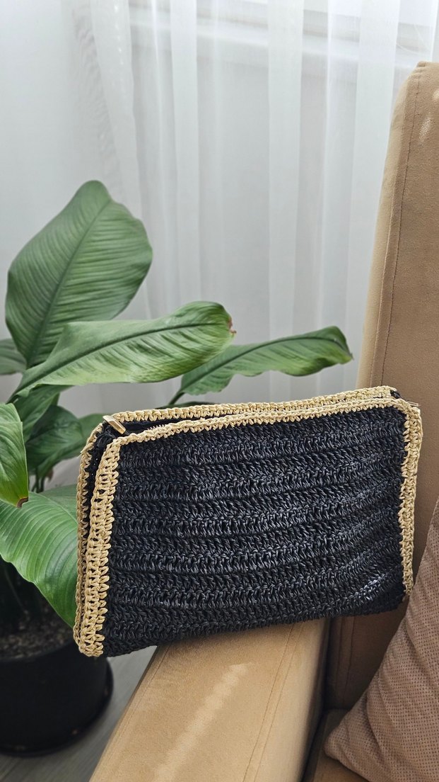 Siyah Nakışlı Örgü Bohem Kadın Çanta - Görsel 2