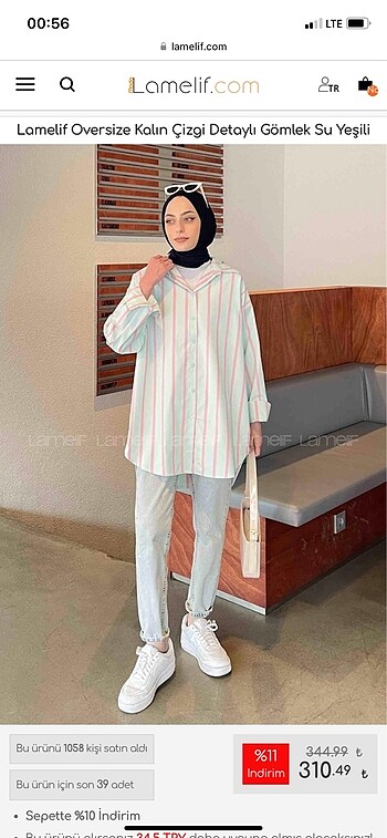 Oversize kalın çizgi detaylı gömlek su yeşili standart beden