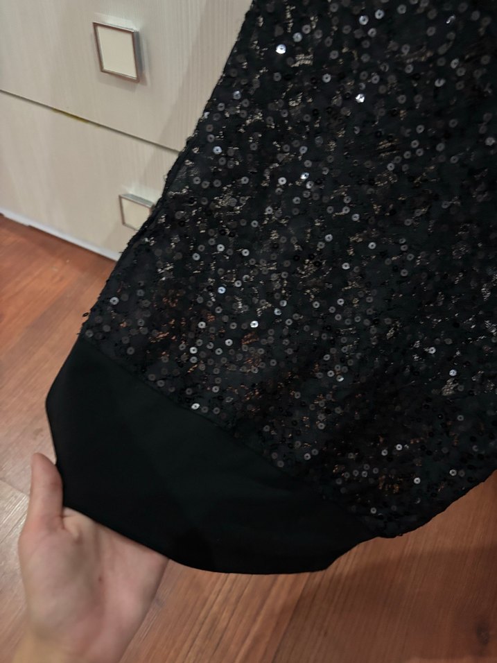 Siyah Payetli Midi Kadın transparan Elbise - Görsel 2