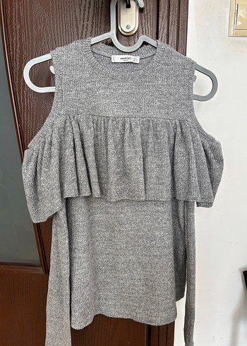 Gri Kolsuz Fırfırlı Triko Kadın Kazak - Görsel 4