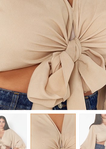 Bej V Yaka Fırfırlı Kadın Bluz - Görsel 4