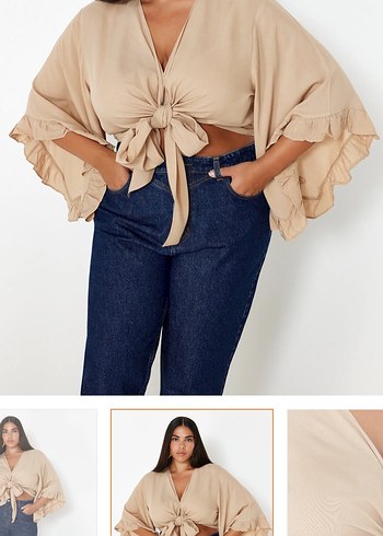 Bej V Yaka Fırfırlı Kadın Bluz - Görsel 3