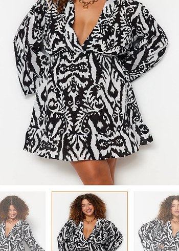 V Yaka Desenli Siyah Bohem Midi Elbise - Görsel 2