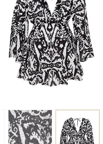 V Yaka Desenli Siyah Bohem Midi Elbise - Görsel 6