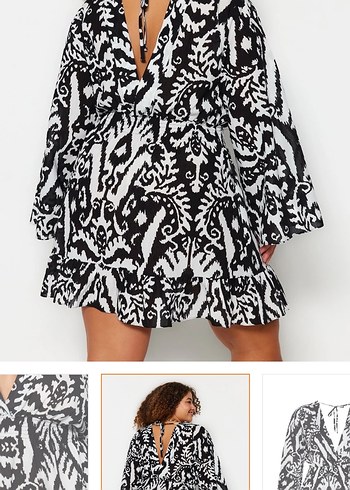 V Yaka Desenli Siyah Bohem Midi Elbise - Görsel 5