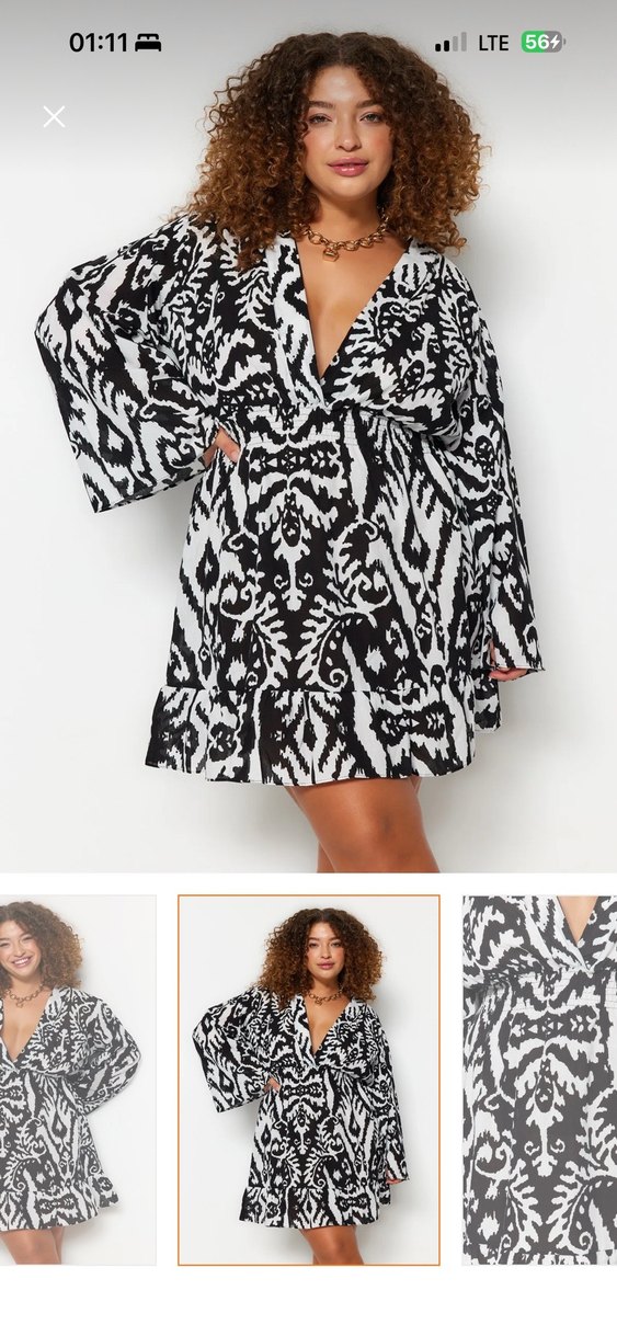 V Yaka Desenli Siyah Bohem Midi Elbise - Görsel 3