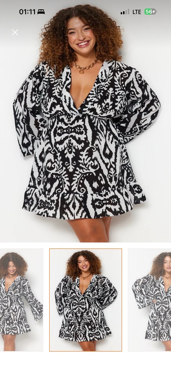 V Yaka Desenli Siyah Bohem Midi Elbise - Görsel 2