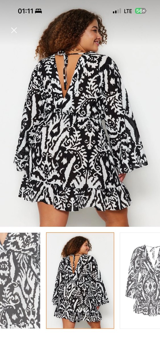 V Yaka Desenli Siyah Bohem Midi Elbise - Görsel 5