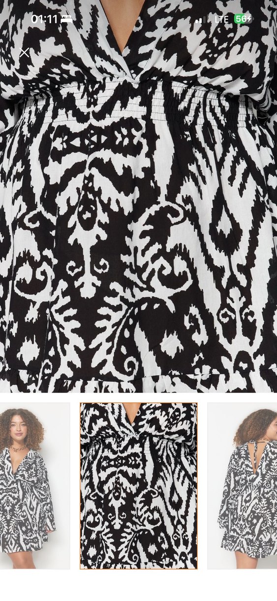 V Yaka Desenli Siyah Bohem Midi Elbise - Görsel 4