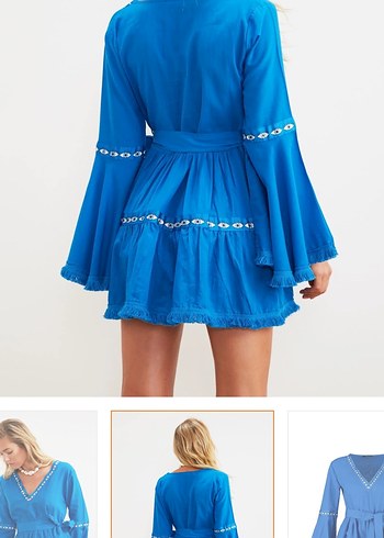 Mavi Bohem Nakışlı Mini Elbise - Görsel 4