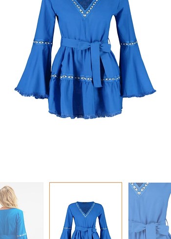 Mavi Bohem Nakışlı Mini Elbise - Görsel 5