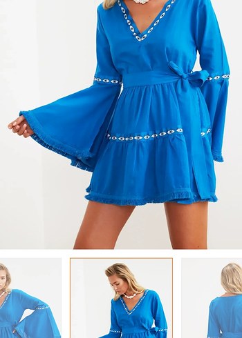 Mavi Bohem Nakışlı Mini Elbise - Görsel 3