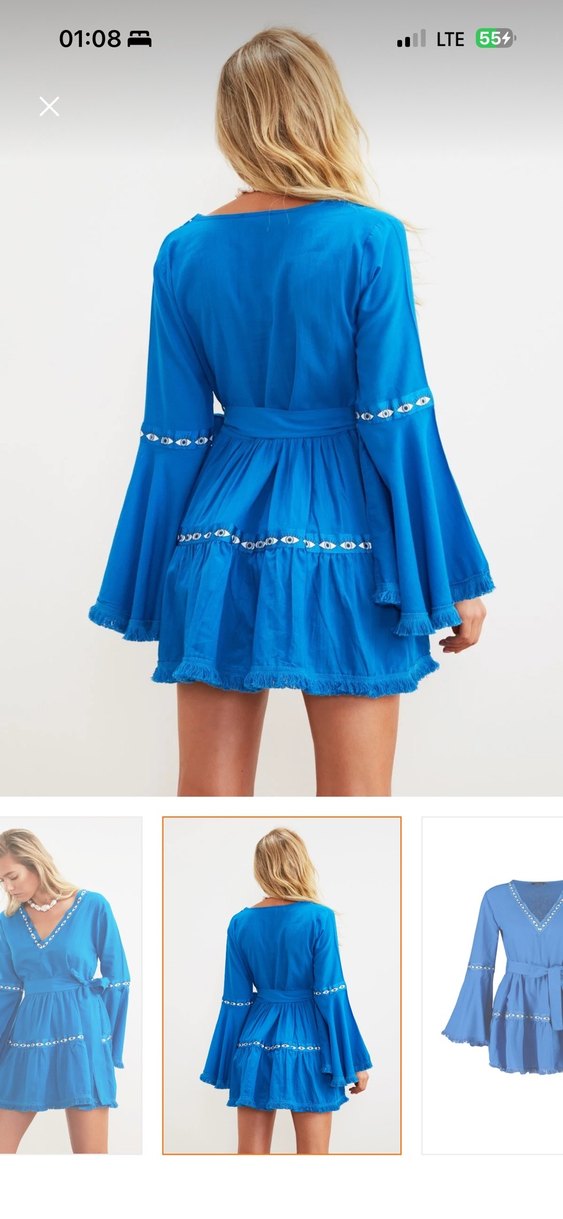 Mavi Bohem Nakışlı Mini Elbise - Görsel 4