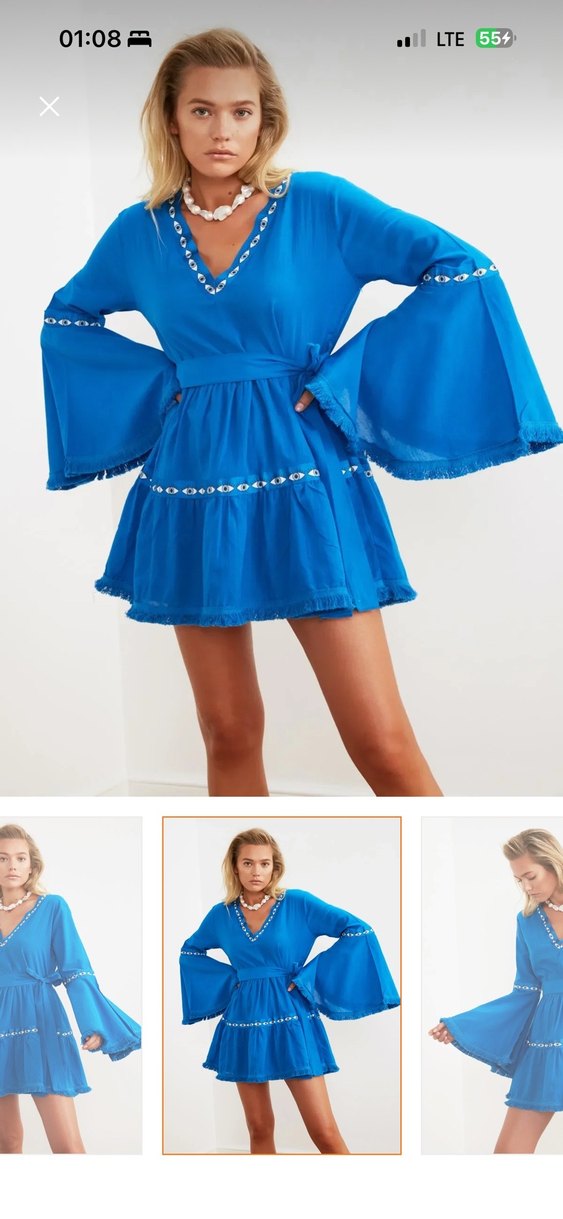 Mavi Bohem Nakışlı Mini Elbise - Görsel 2