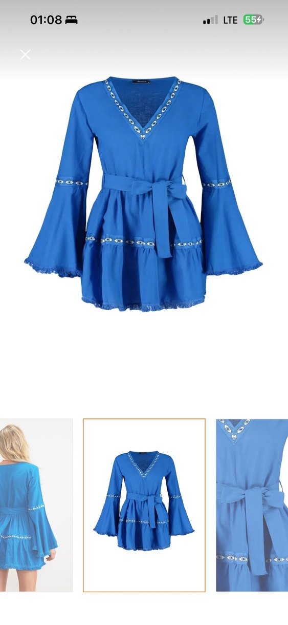 Mavi Bohem Nakışlı Mini Elbise - Görsel 5