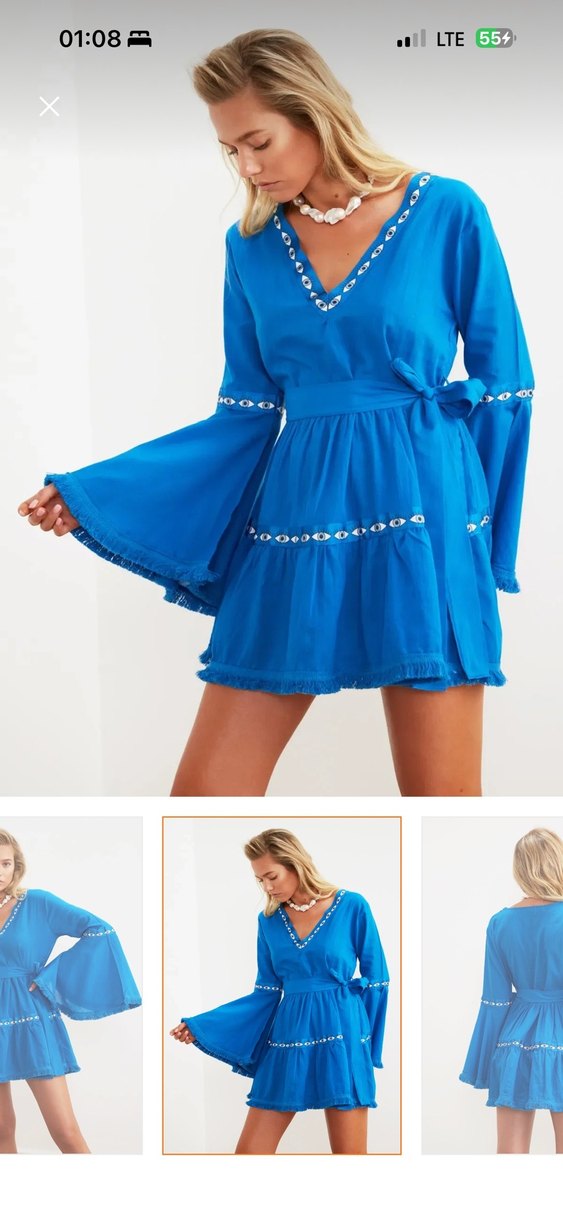 Mavi Bohem Nakışlı Mini Elbise - Görsel 3