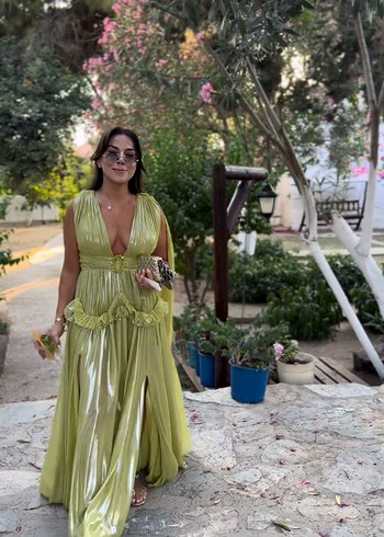 Parlak Haki Pilili Uzun Abiye Elbise - Görsel 3