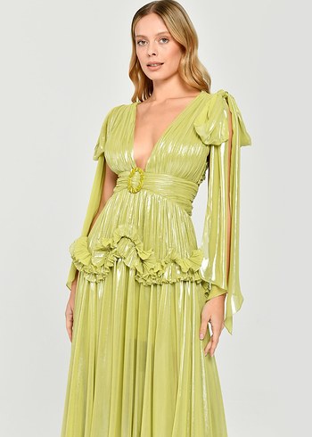 Parlak Haki Pilili Uzun Abiye Elbise - Görsel 4