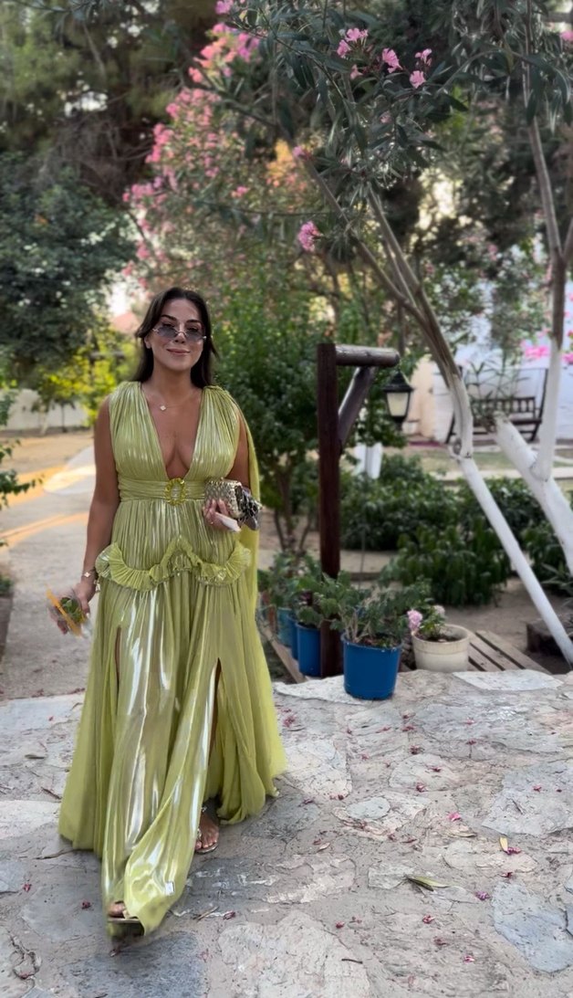 Parlak Haki Pilili Uzun Abiye Elbise - Görsel 3