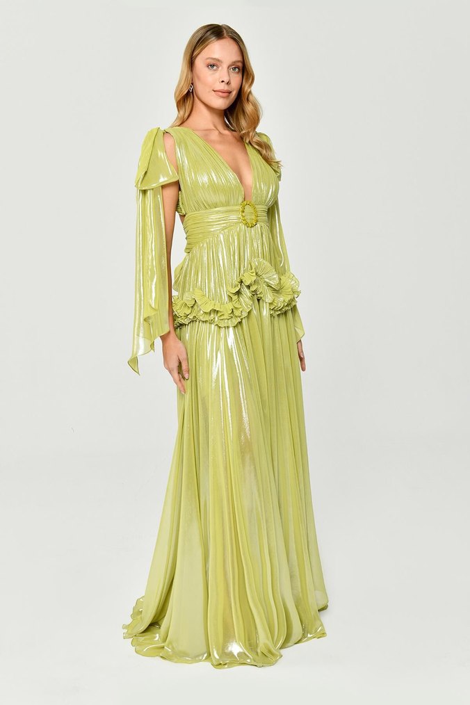Parlak Haki Pilili Uzun Abiye Elbise - Görsel 5