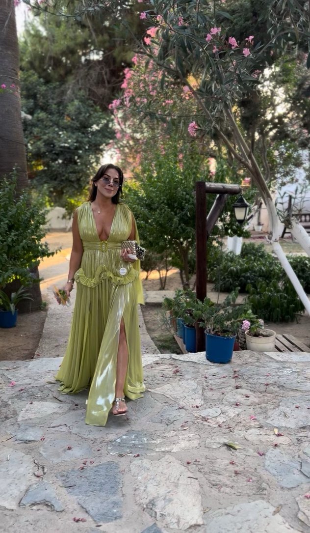 Parlak Haki Pilili Uzun Abiye Elbise - Görsel 2