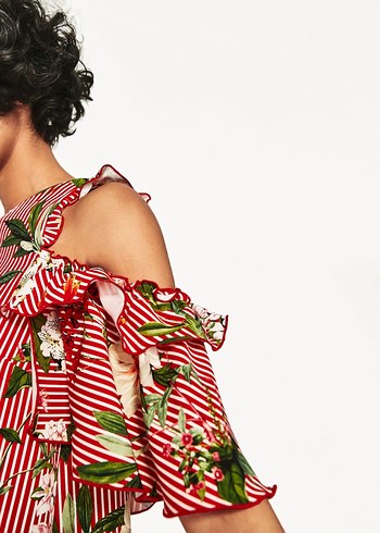 Çiçek Desenli Kırmızı Midi Elbise - Görsel 3