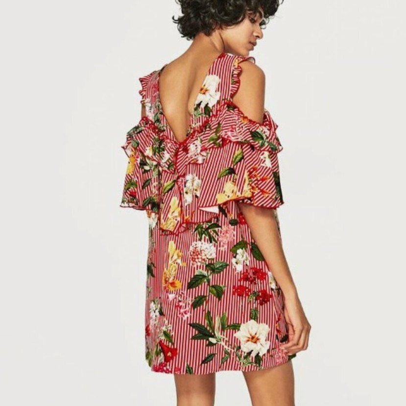 Çiçek Desenli Kırmızı Midi Elbise - Görsel 2