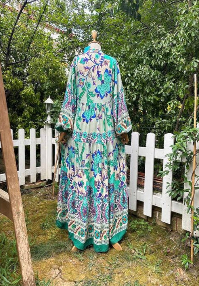 Çiçek Desenli Uzun Bohem Elbise - Görsel 5