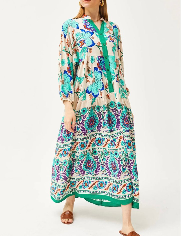 Çiçek Desenli Uzun Bohem Elbise - Görsel 3
